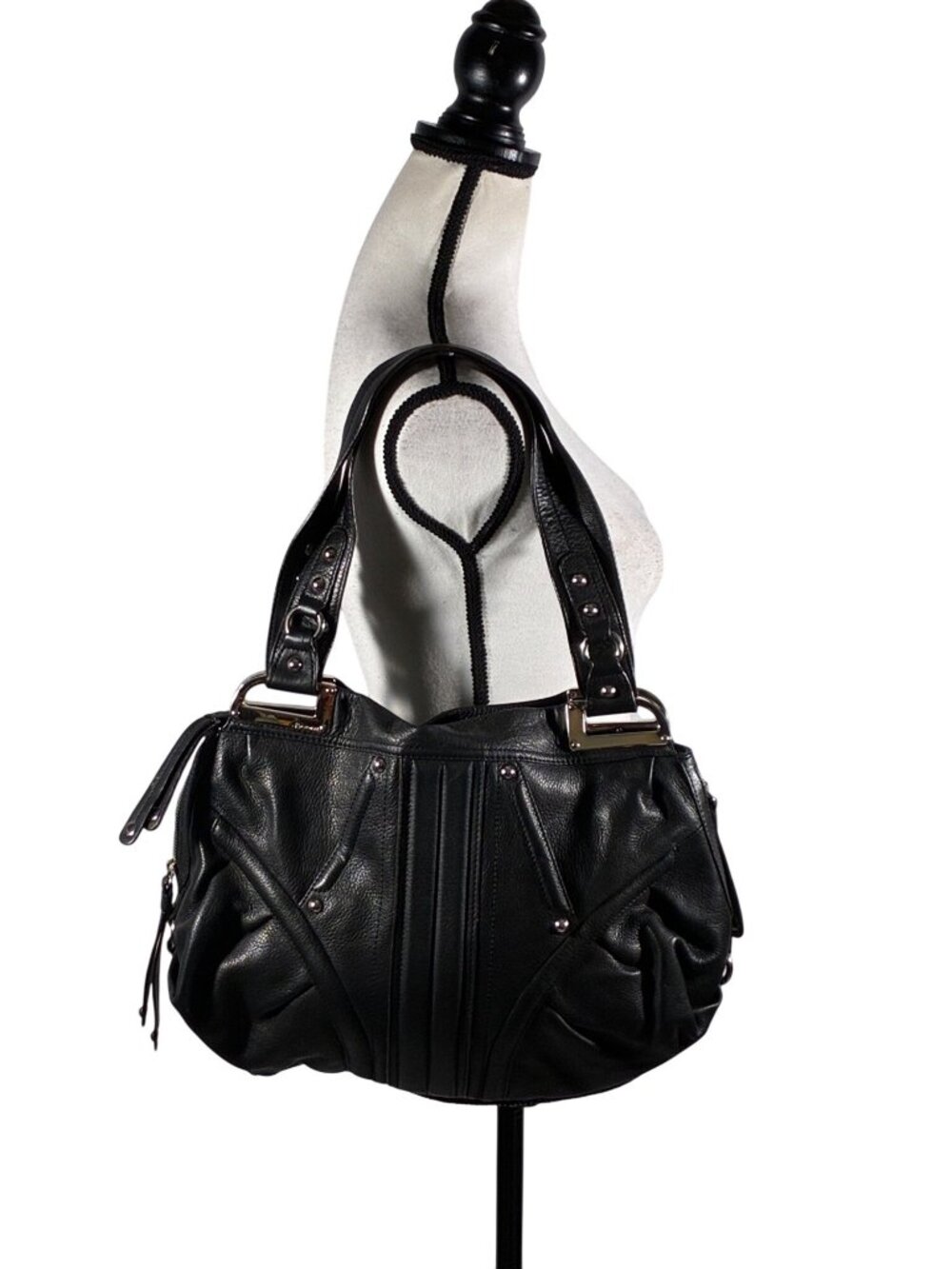B. Makowsky Black Genuine Leather Shoulder Bag With Leopard Print Lining And Sil